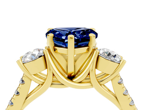 Yellow gold Three-Stone Heart Cut Blue Sapphire Pavé Band with Four-Prong Setting_4