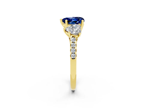 Yellow gold Three-Stone Heart Cut Blue Sapphire Ring with Pavé Band and Prong Setting_14