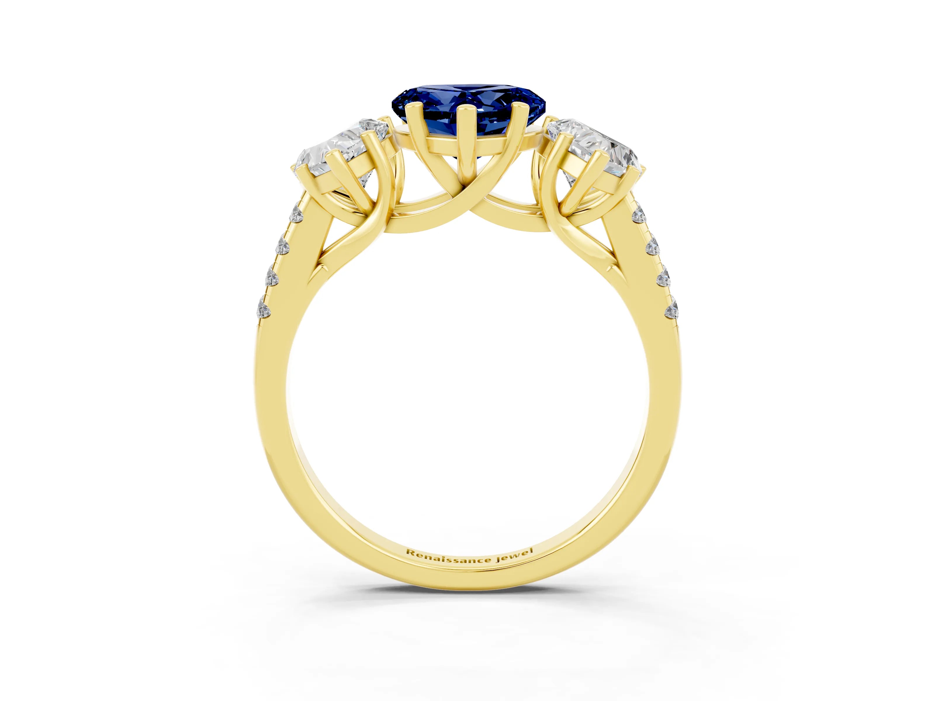 Yellow gold Three-Stone Heart Cut Blue Sapphire Ring with Pavé Band and Prong Setting_15