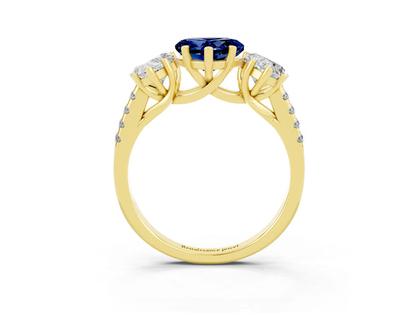 Yellow gold Three-Stone Heart Cut Blue Sapphire Ring with Round  Pavé Band and Prong Setting