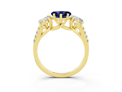 Yellow gold Three-Stone Heart Cut Blue Sapphire Ring with Pavé Band and Prong Setting_15