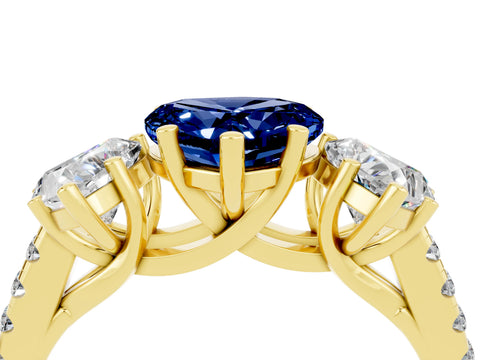Yellow gold Three-Stone Heart Cut Blue Sapphire Ring with Pavé Band and Prong Setting_16