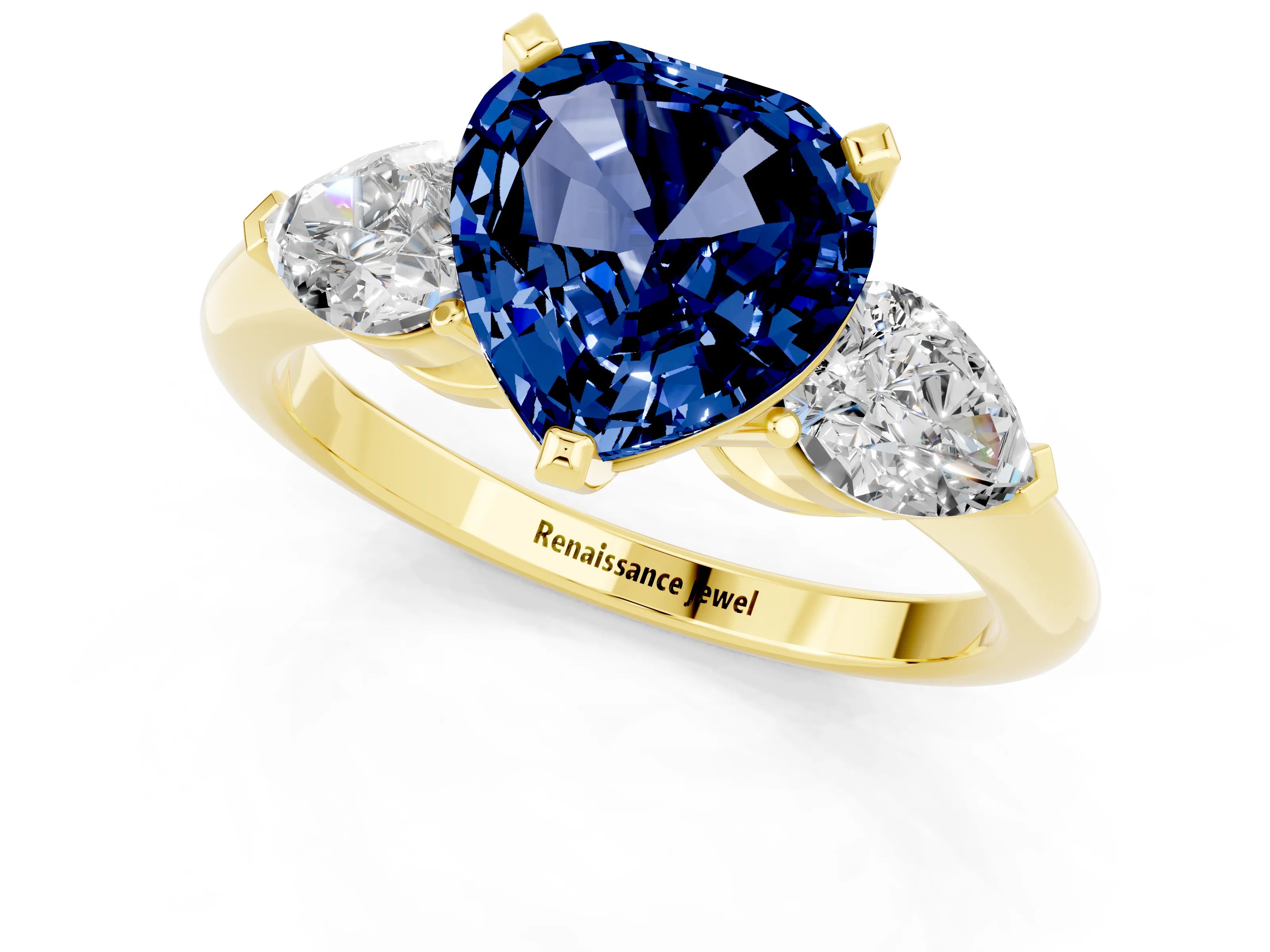 Yellow gold Three-Stone Heart Cut Blue Sapphire Ring with Pear Side Stones and Four-Prong Setting_1