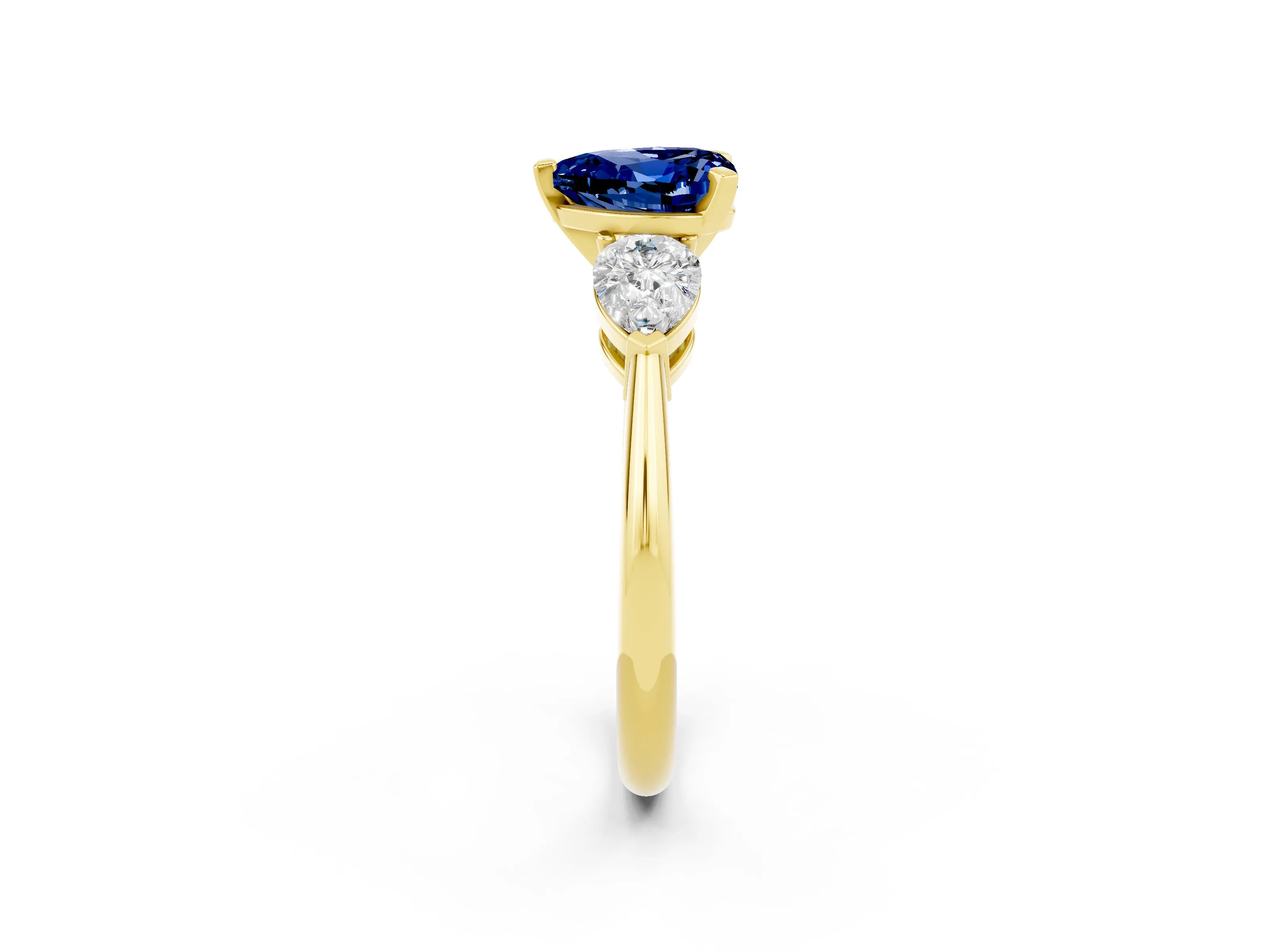 Yellow gold Three-Stone Heart Cut Blue Sapphire Ring with Pear Side Stones and Four-Prong Setting_2