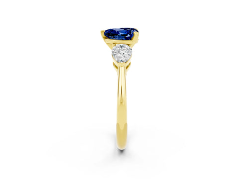 Yellow gold Three-Stone Heart Cut Blue Sapphire Ring with Pear Side Stones and Four-Prong Setting_2