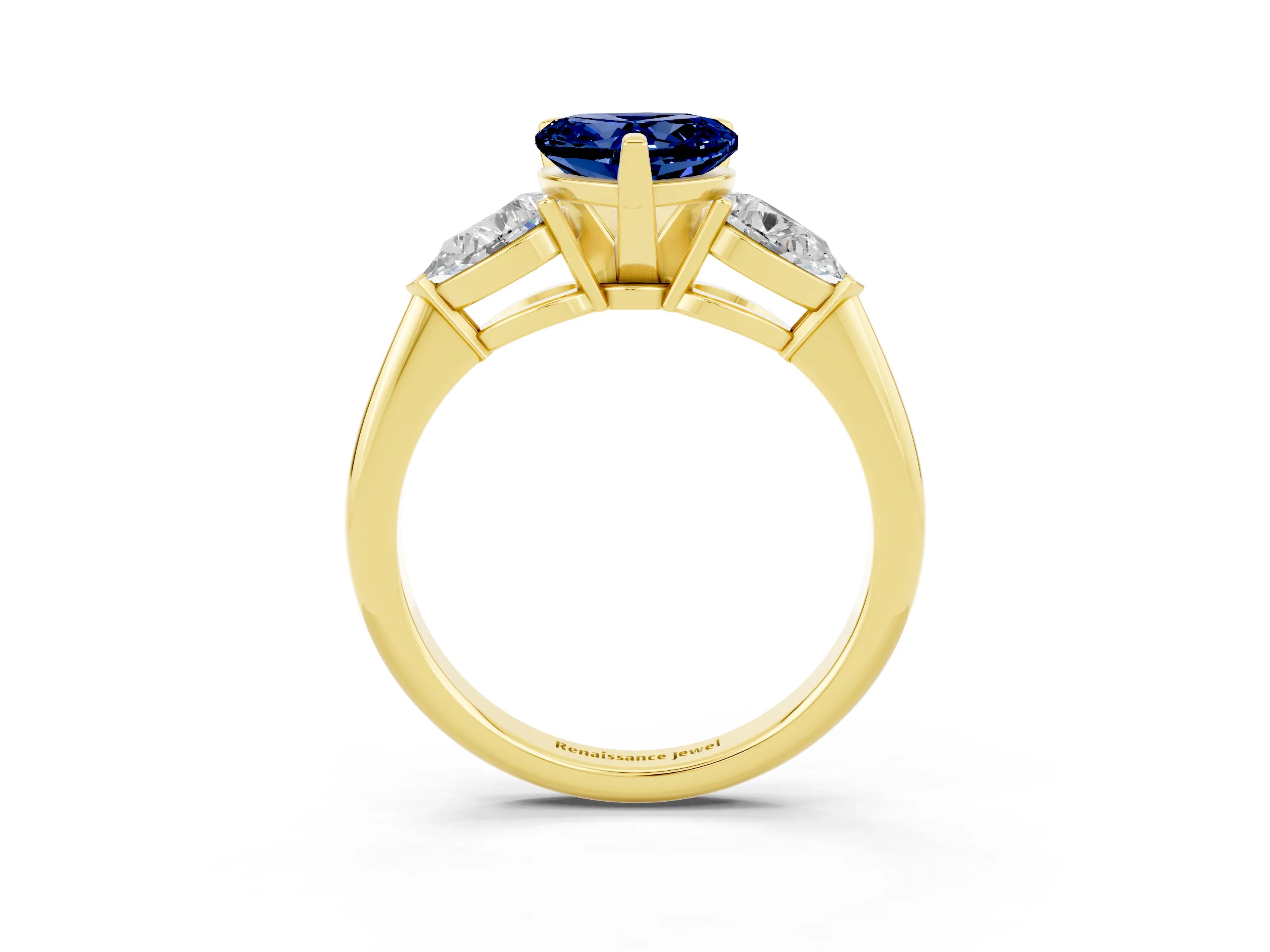 Yellow gold Three-Stone Heart Cut Blue Sapphire Ring with Pear Side Stones and Four-Prong Setting_3