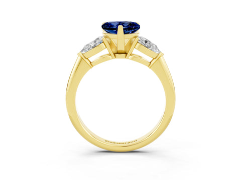 Yellow gold Three-Stone Heart Cut Blue Sapphire Ring with Pear Side Stones and Four-Prong Setting_3