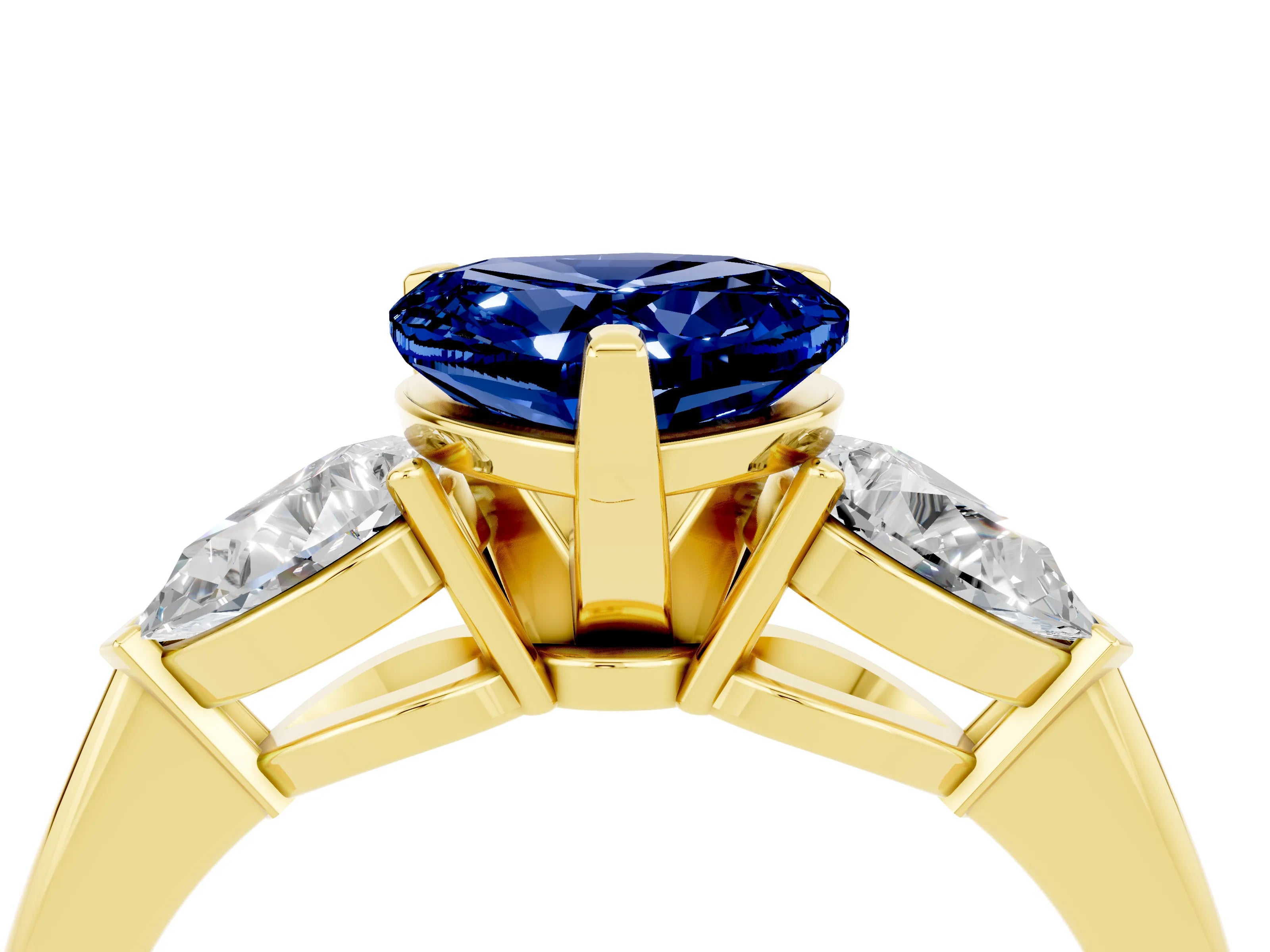 Yellow gold Three-Stone Heart Cut Blue Sapphire Ring with Pear Side Stones and Four-Prong Setting_4