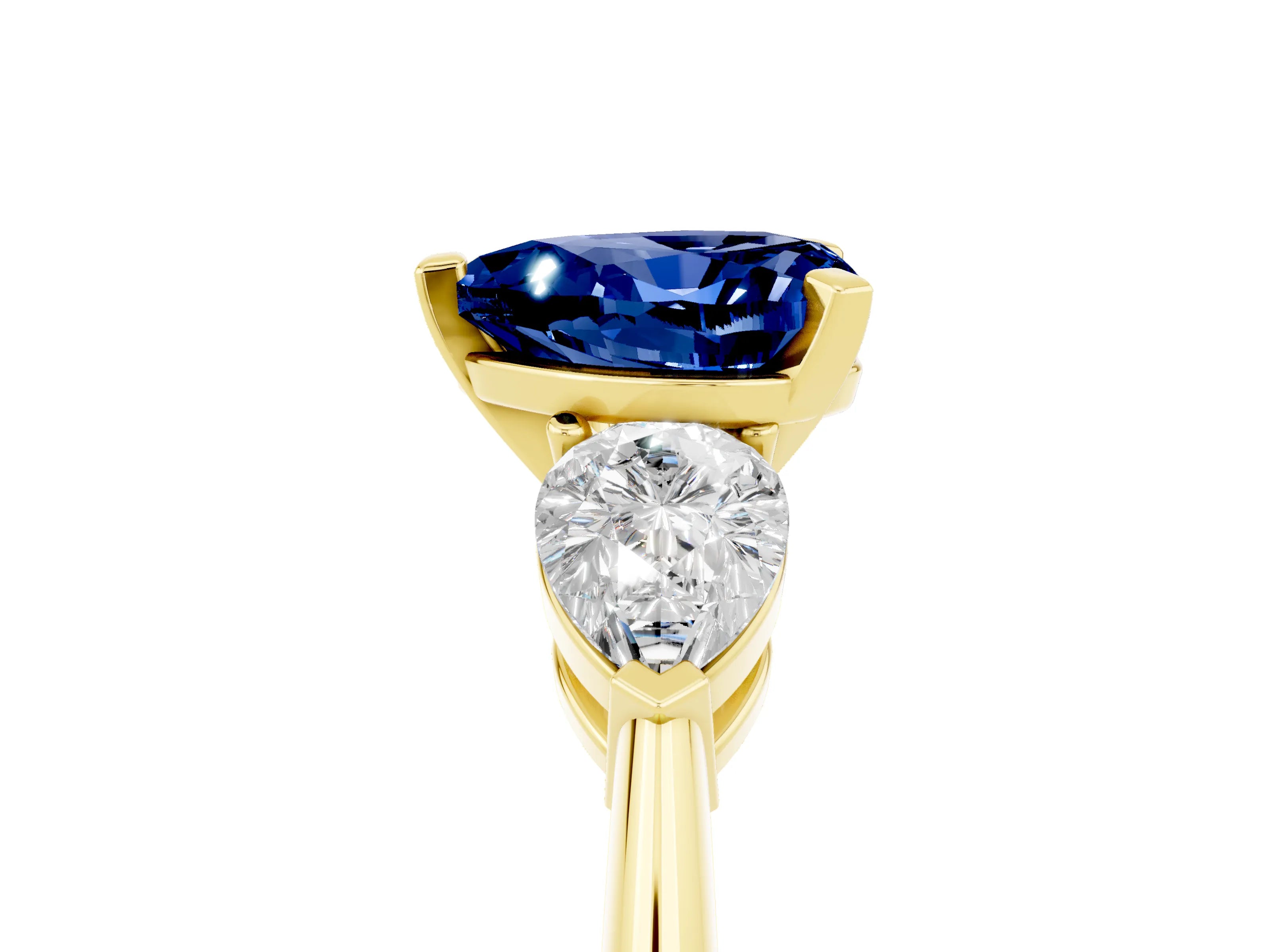 Yellow gold Three-Stone Heart Cut Blue Sapphire Ring with Pear Side Stones and Four-Prong Setting_5
