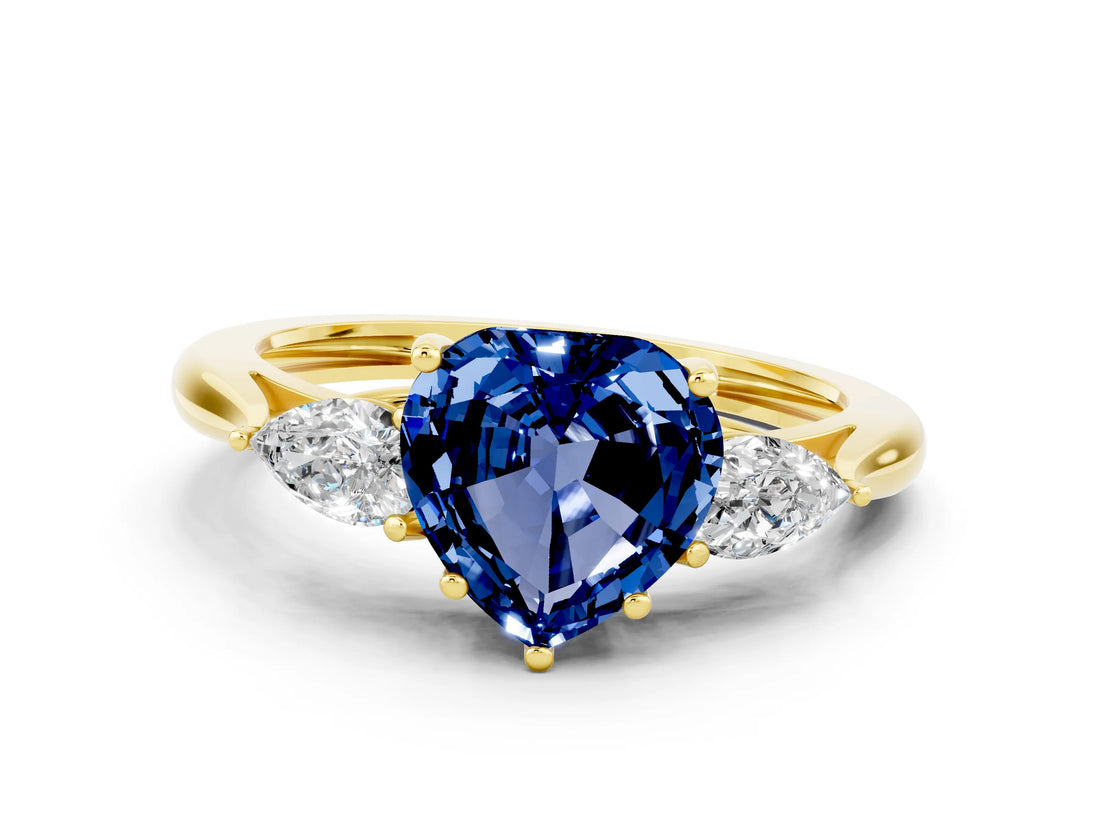 Yellow gold Three-Stone Heart Cut Blue Sapphire Ring with Pear  Side Stones in Four-Prong Setting_12