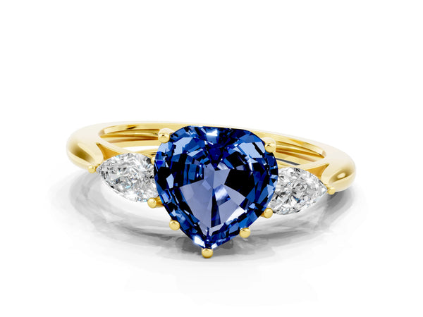 Yellow Gold Heart-Shaped Lab-Grown Blue Sapphire Three Stone Engagement Ring with Pear Side Stones and Thin Band