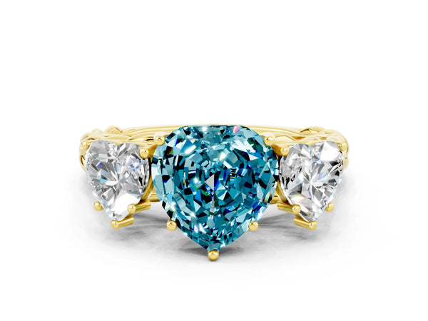 Yellow gold Three-Stone Heart Cut Blue Topaz Braided Band Ring with Four-Prong Setting