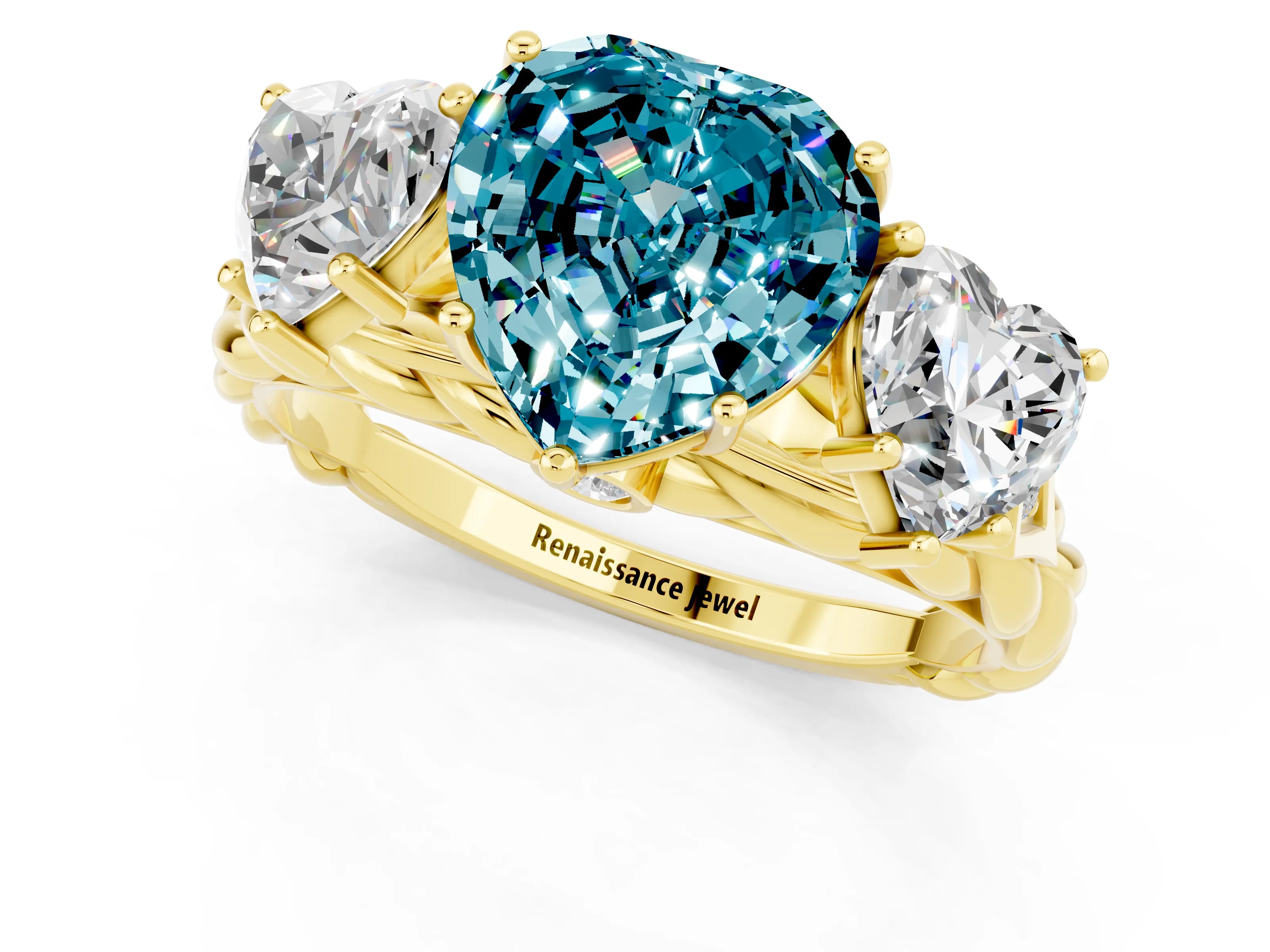 Yellow gold Three-Stone Heart Cut Blue Topaz Braided Band Ring with Four-Prong Setting_13