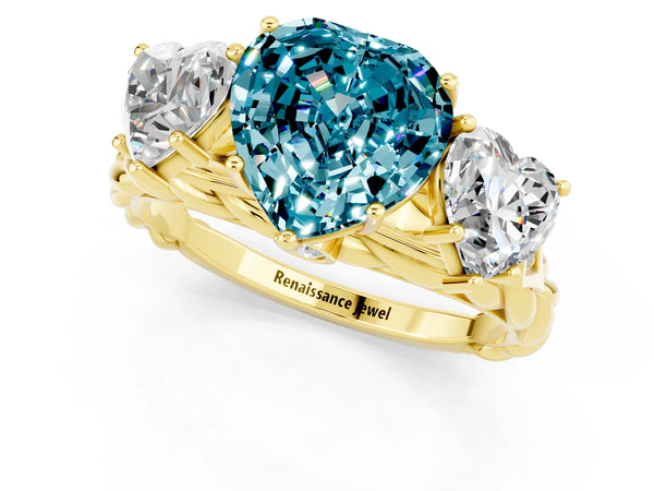 Yellow gold Three-Stone Heart Cut Blue Topaz Braided Band Ring with Four-Prong Setting