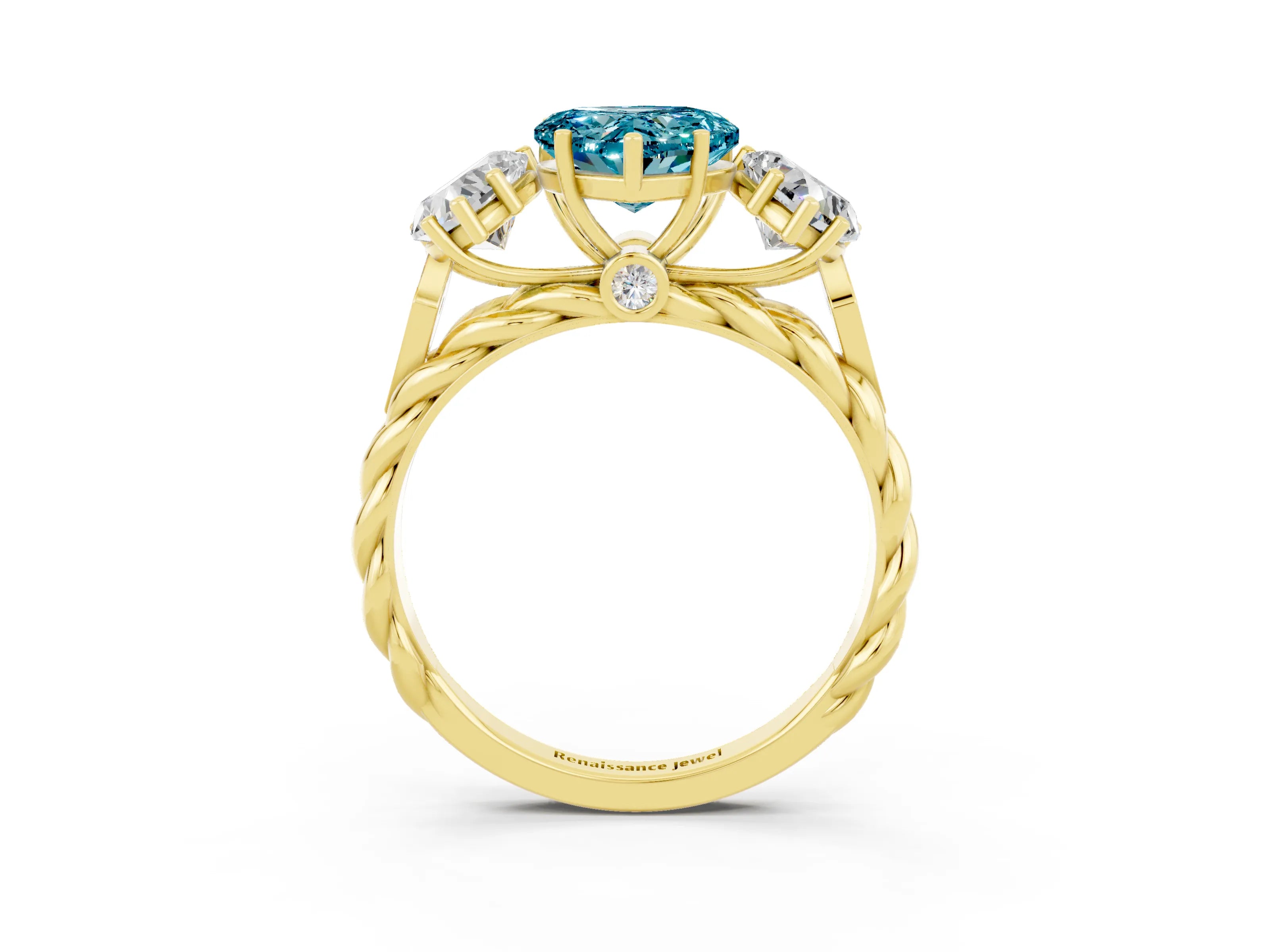Yellow gold Three-Stone Heart Cut Blue Topaz Braided Band Ring with Four-Prong Setting_15