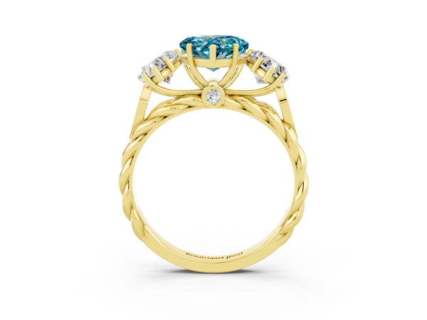 Yellow gold Three-Stone Heart Cut Blue Topaz Braided Band Ring with Four-Prong Setting