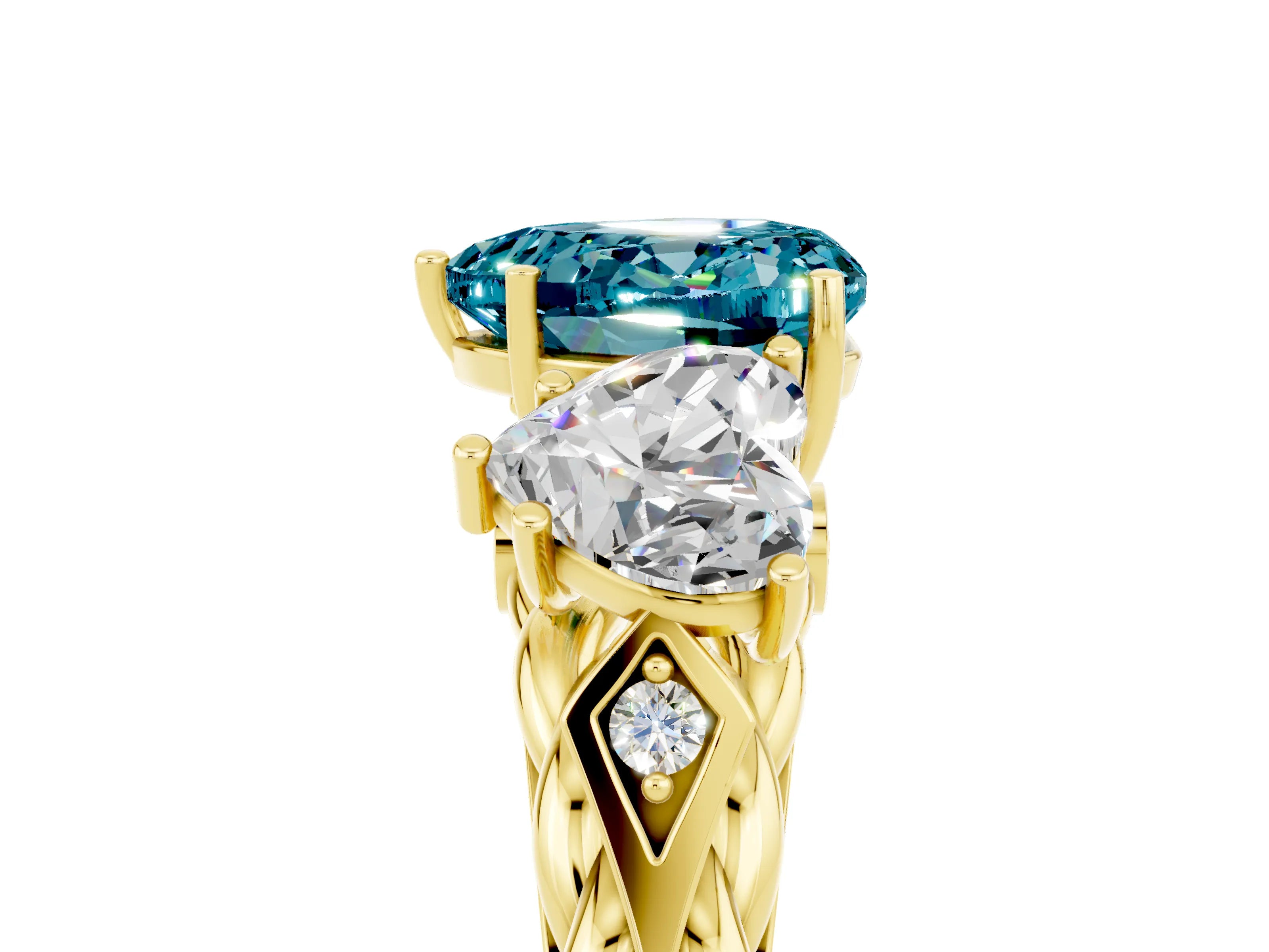 Yellow gold Three-Stone Heart Cut Blue Topaz Braided Band Ring with Four-Prong Setting_17