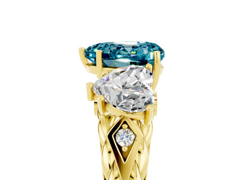 Yellow gold Three-Stone Heart Cut Blue Topaz Braided Band Ring with Four-Prong Setting_17