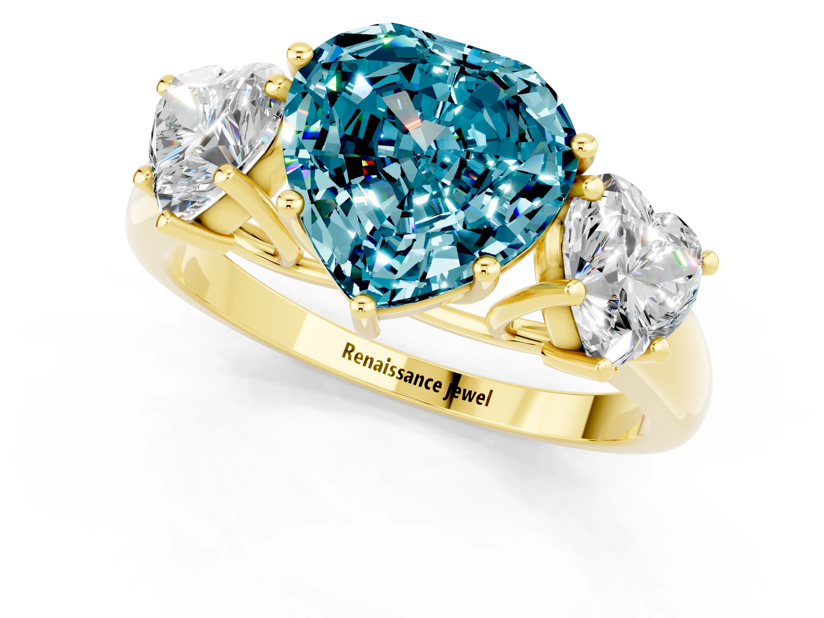 Yellow gold Three-Stone Heart Cut Blue Topaz Engagement Ring with Prong Setting_1