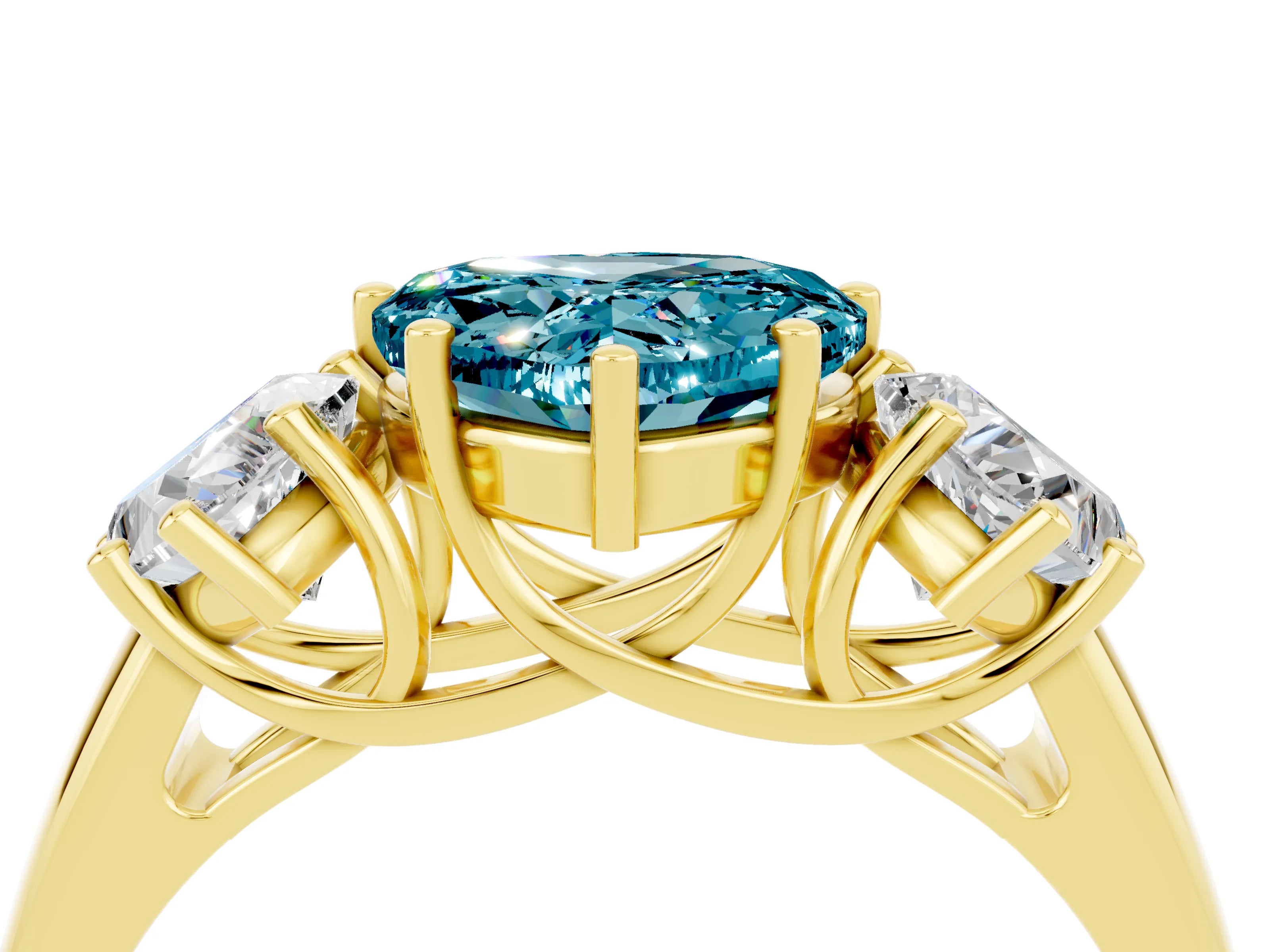 Yellow gold Three-Stone Heart Cut Blue Topaz Engagement Ring with Prong Setting_4