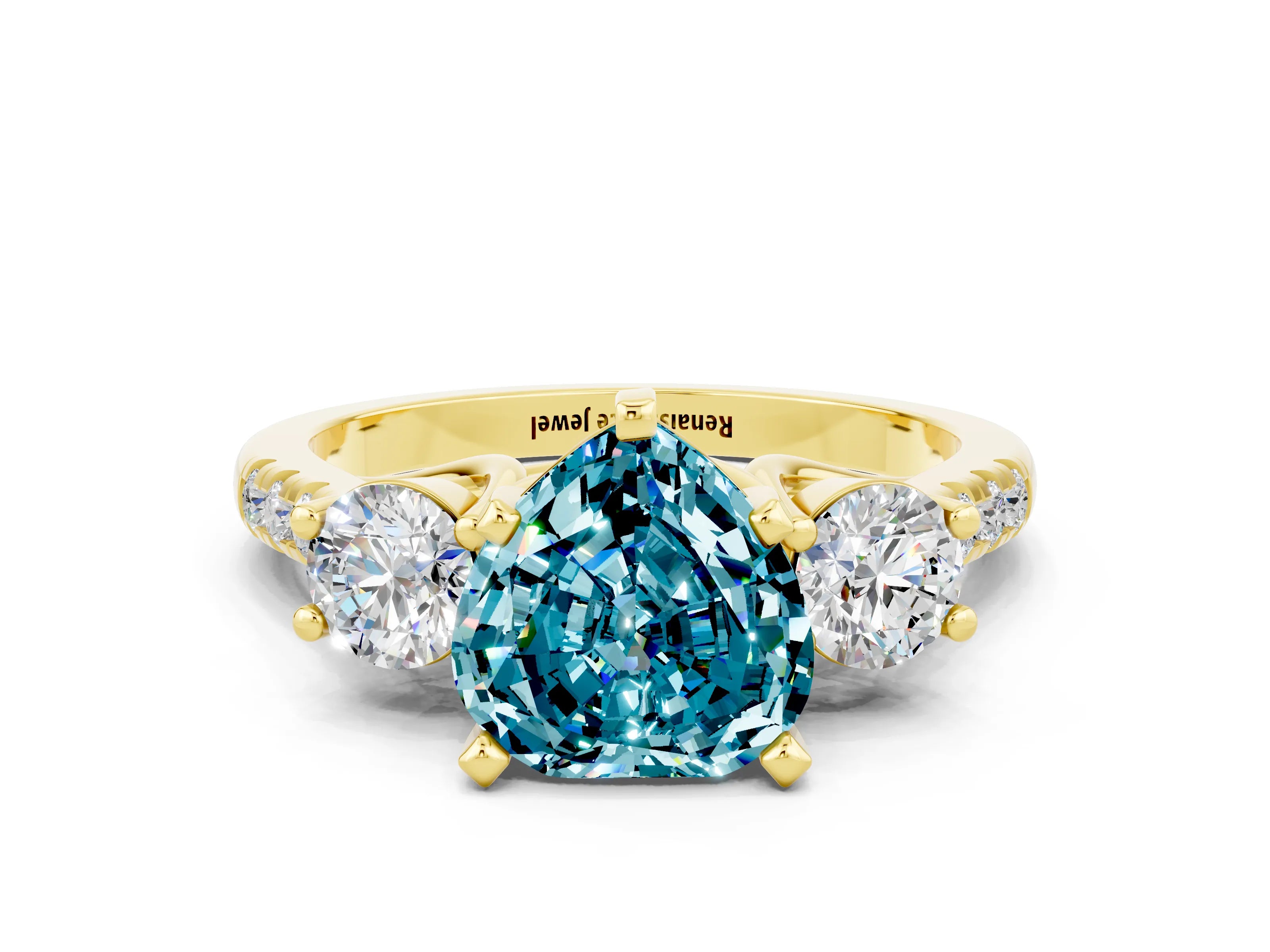 Yellow gold Three-Stone Heart Cut Blue Topaz Pavé Band with Four-Prong Setting