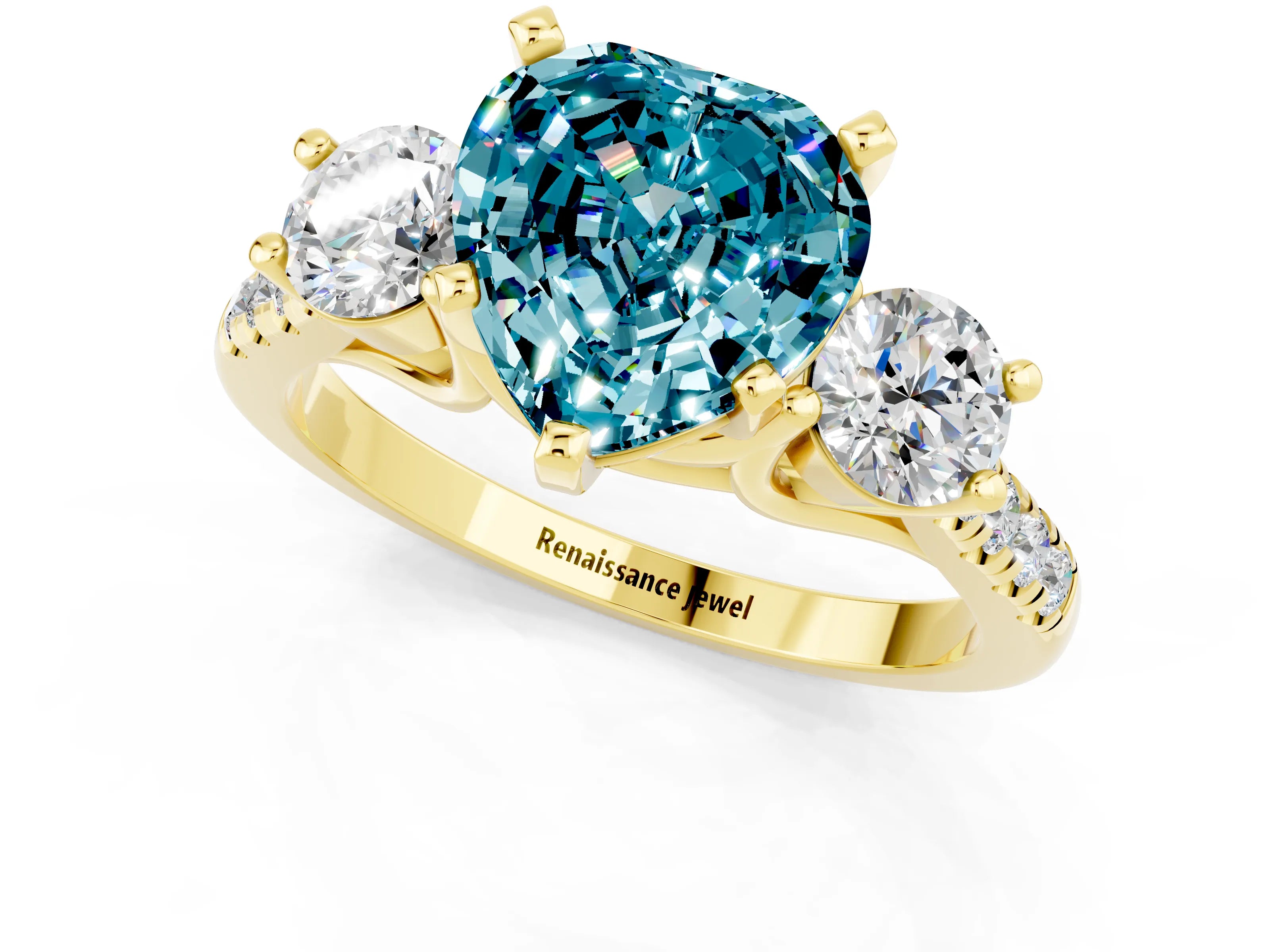 Yellow gold Three-Stone Heart Cut Blue Topaz Pavé Band with Four-Prong Setting_1