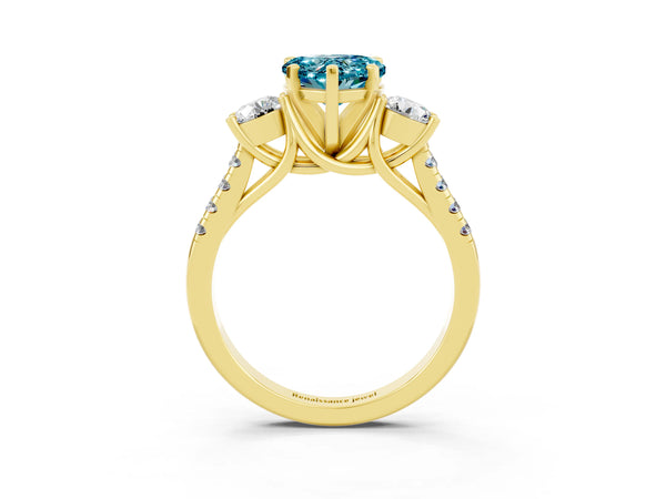 Yellow gold Three-Stone Heart Cut Blue Topaz Pavé Band with Four-Prong Setting