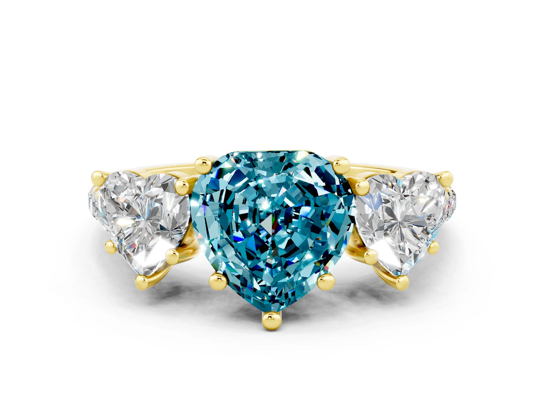 Yellow gold Three-Stone Heart Cut Blue Topaz Ring with Pavé Band and Prong Setting_12