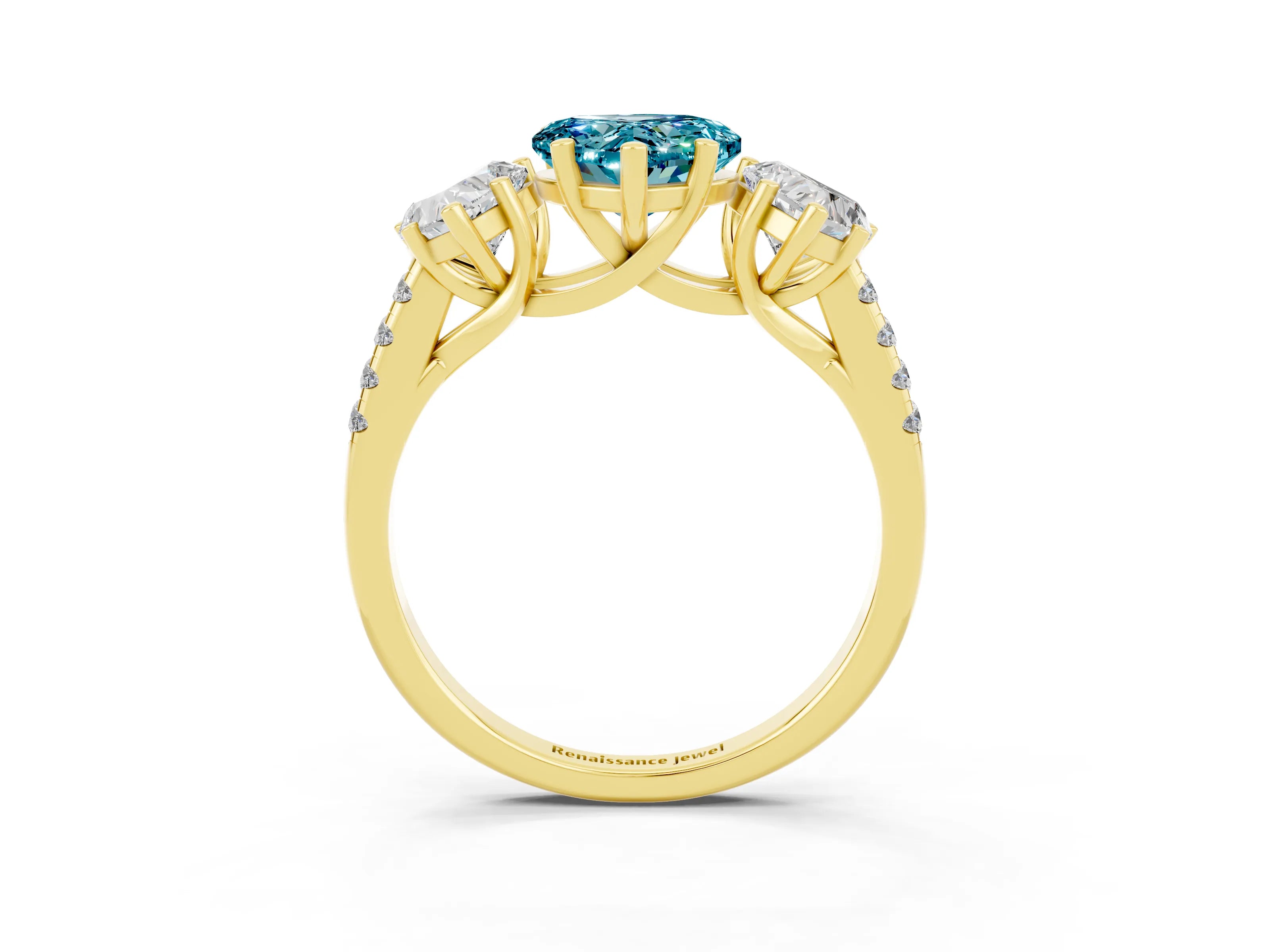 Yellow gold Three-Stone Heart Cut Blue Topaz Ring with Pavé Band and Prong Setting_15