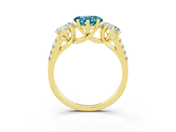 Yellow gold Three-Stone Heart Cut Blue Topaz Ring with Round  Pavé Band and Prong Setting