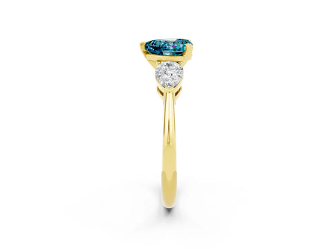 Yellow gold Three-Stone Heart Cut Blue Topaz Ring with Pear Side Stones and Four-Prong Setting_2