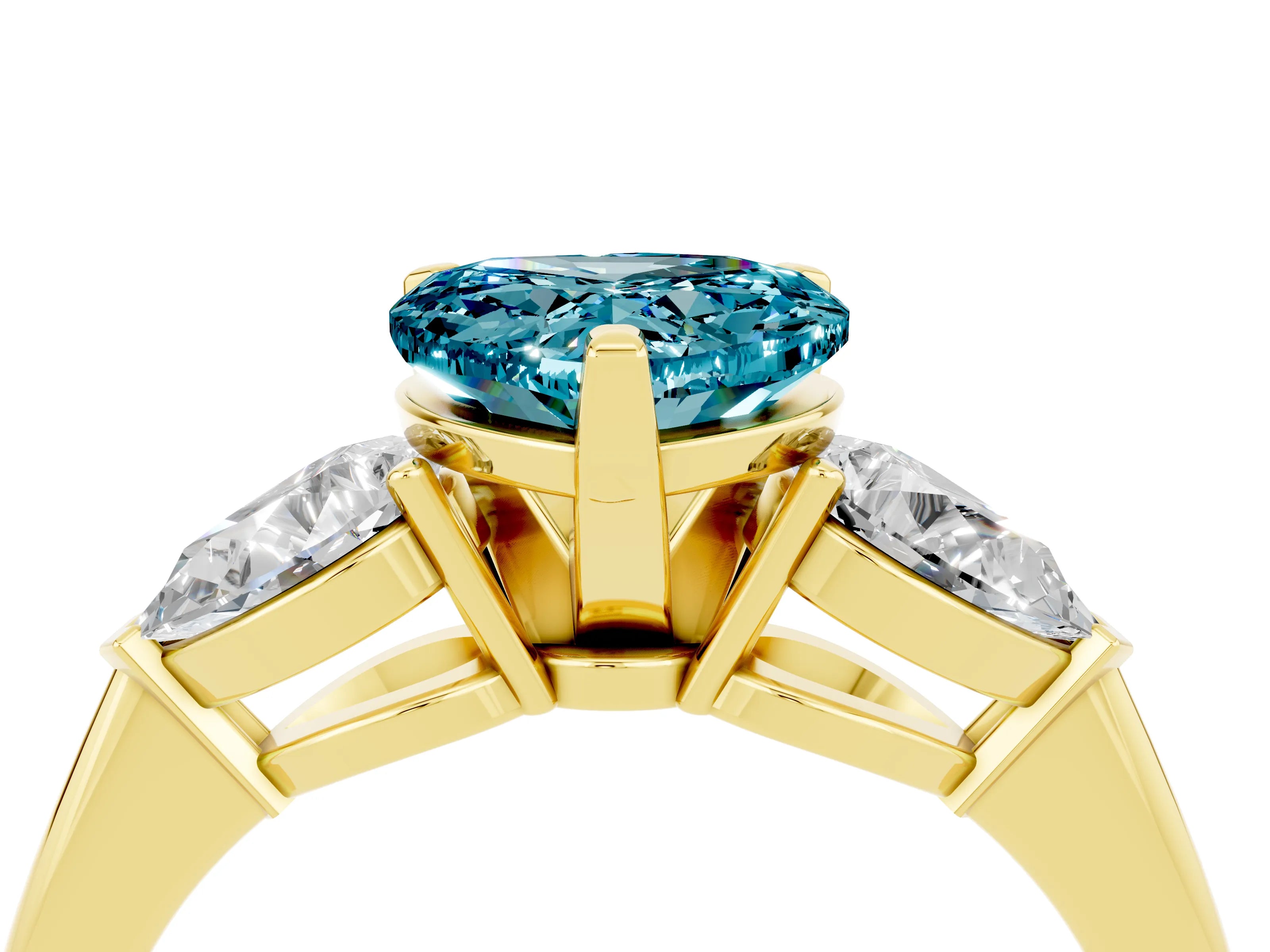 Yellow gold Three-Stone Heart Cut Blue Topaz Ring with Pear Side Stones and Four-Prong Setting_4