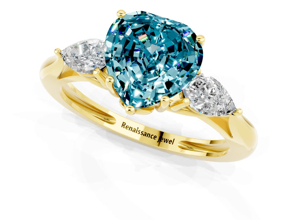 Yellow gold Three-Stone Heart Cut Blue Topaz Ring with Pear  Side Stones in Four-Prong Setting