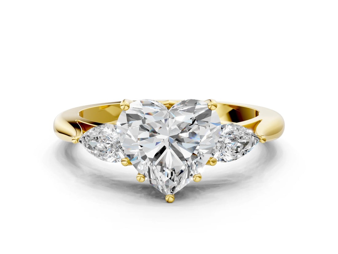 Yellow gold Three-Stone Heart Cut Brilliant Diamond Solitaire Ring with Tapered Band and Four-Prong Setting_12