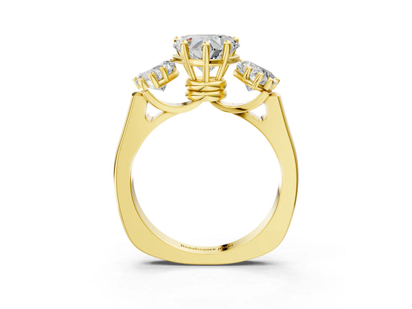Yellow gold Three-Stone Heart Cut Brilliant Diamond Trellis Ring with Comfort Fit Band