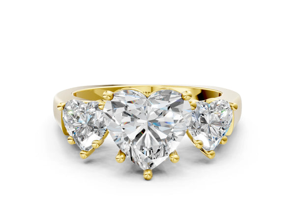 Yellow gold Three-Stone Heart Cut Brilliant Diamond Trellis Ring with Comfort Fit Band