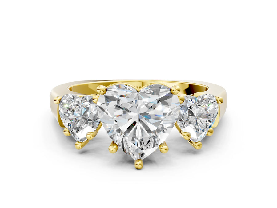Yellow gold Three-Stone Heart Cut Brilliant Diamond Trellis Ring with Comfort Fit Band