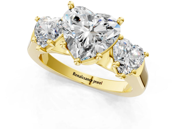Yellow gold Three-Stone Heart Cut Brilliant Diamond Trellis Ring with Comfort Fit Band