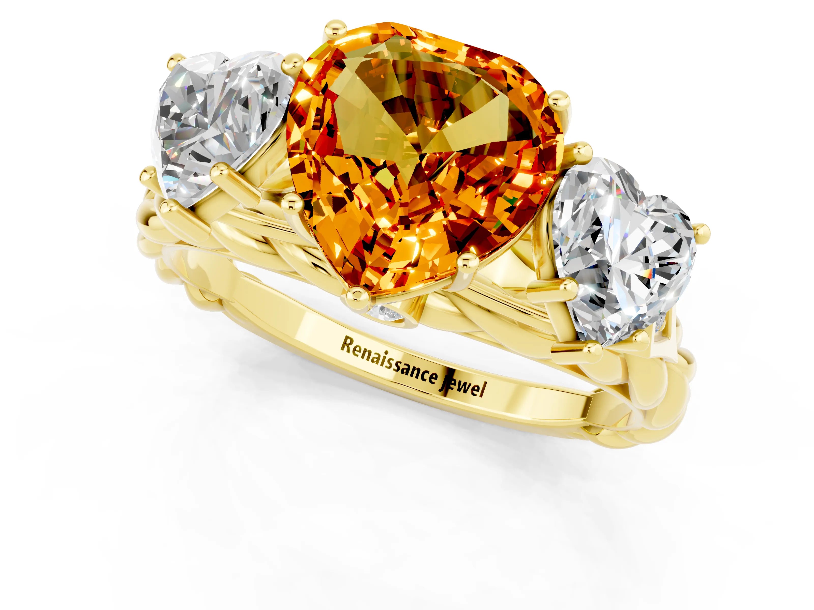 Yellow gold Three-Stone Heart Cut Citrine Braided Band Ring with Four-Prong Setting_13
