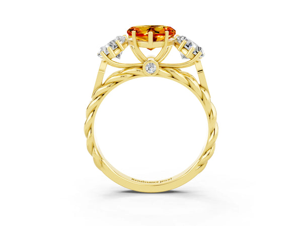 Yellow gold Three-Stone Heart Cut Citrine Braided Band Ring with Four-Prong Setting