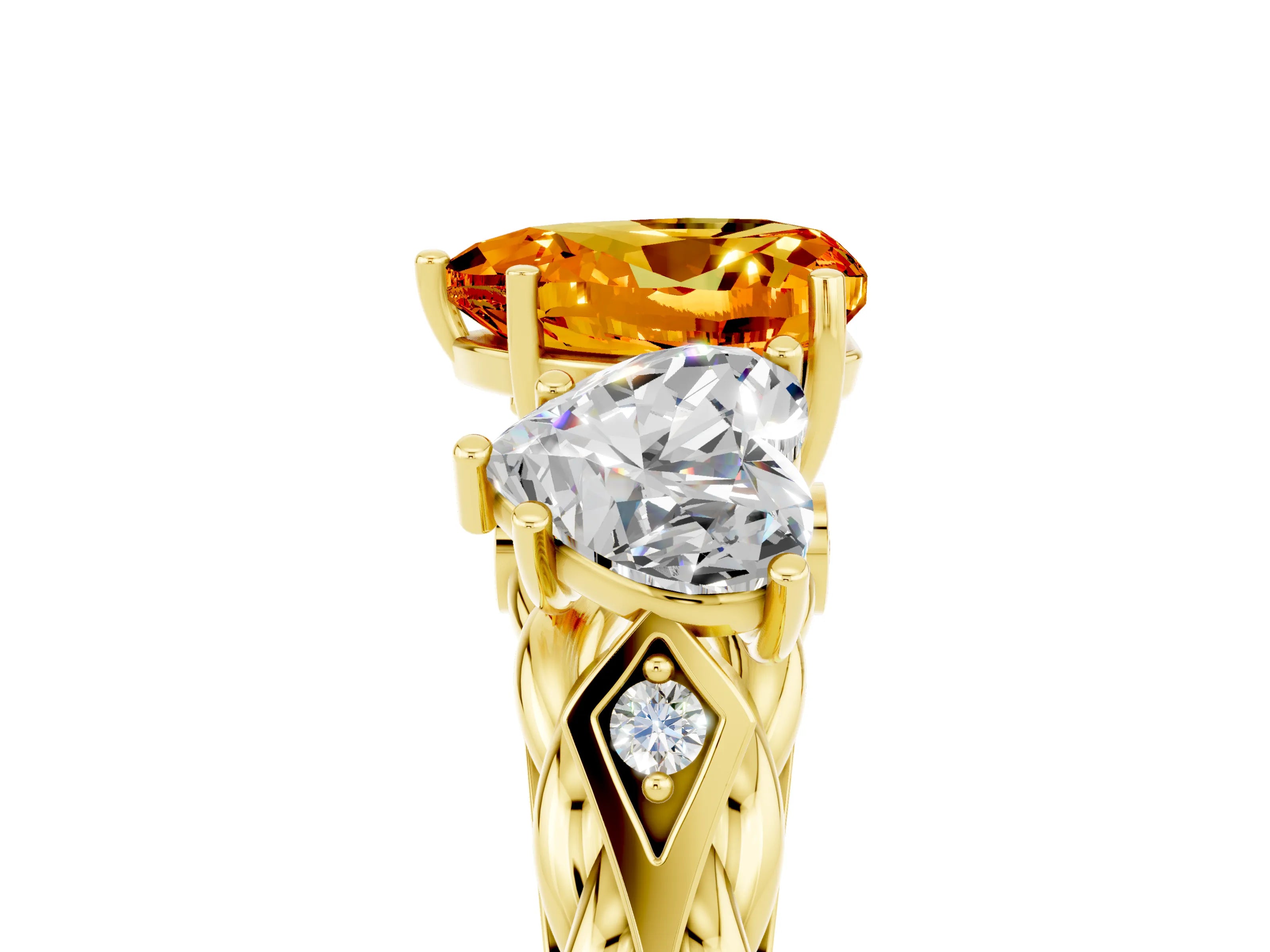 Yellow gold Three-Stone Heart Cut Citrine Braided Band Ring with Four-Prong Setting_17