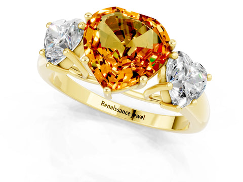 Yellow gold Three-Stone Heart Cut Citrine Engagement Ring with Prong Setting_1