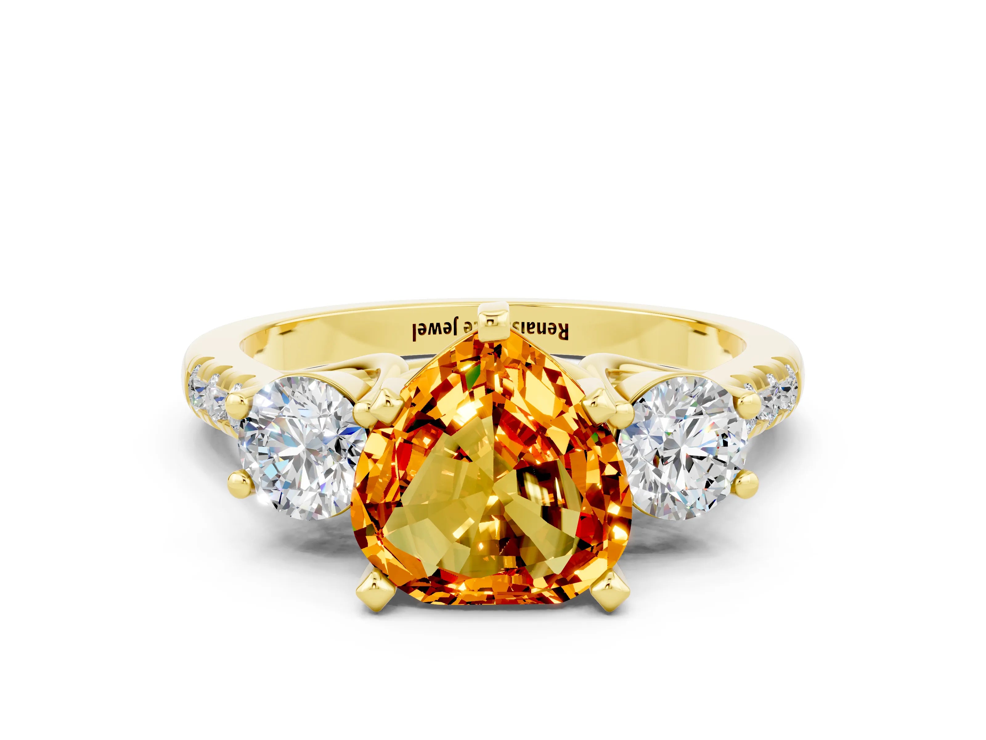 Yellow gold Three-Stone Heart Cut Citrine Pavé Band with Four-Prong Setting