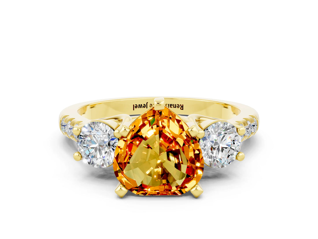 Yellow gold Three-Stone Heart Cut Citrine Pavé Band with Four-Prong Setting
