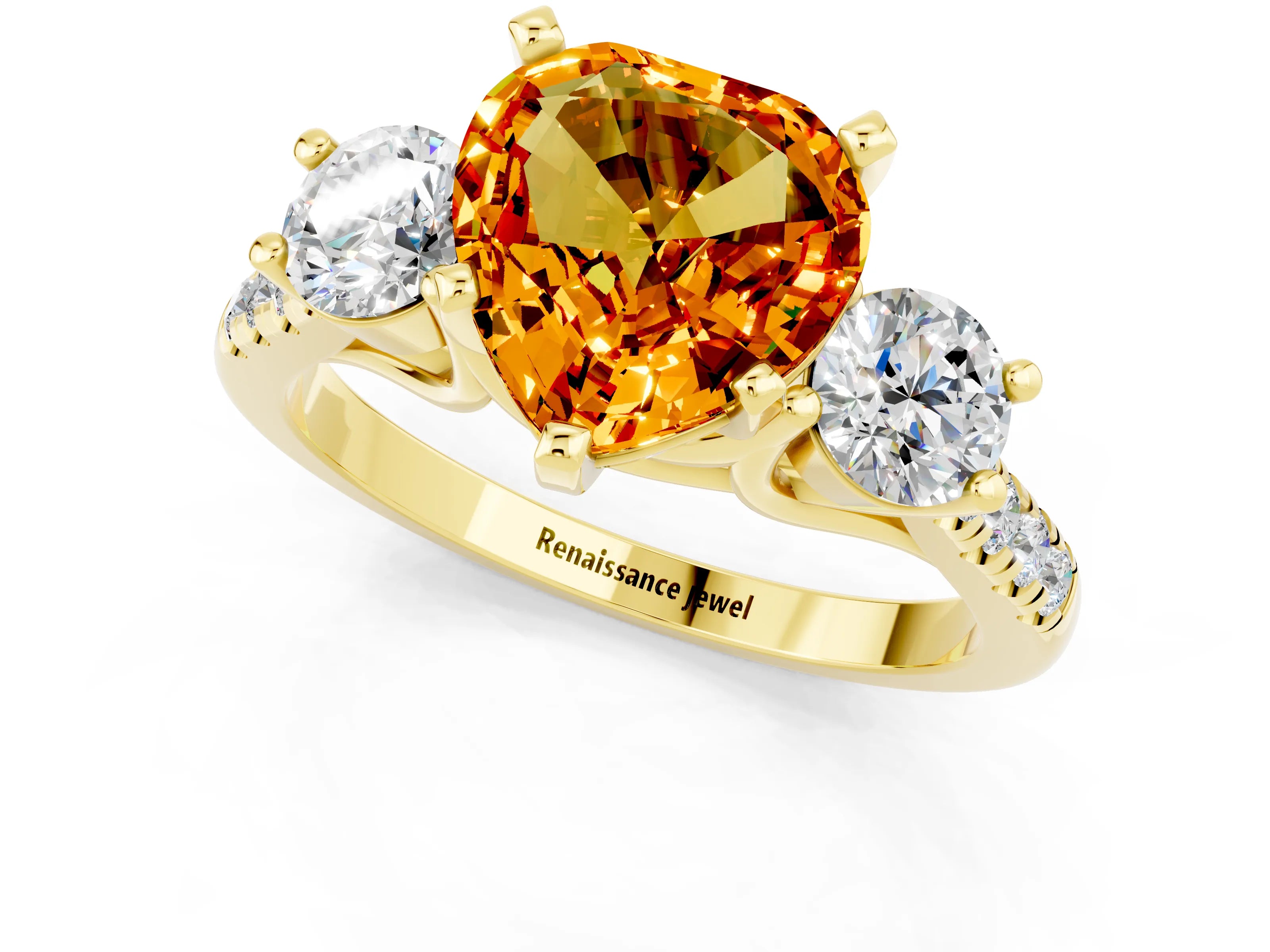 Yellow gold Three-Stone Heart Cut Citrine Pavé Band with Four-Prong Setting_1