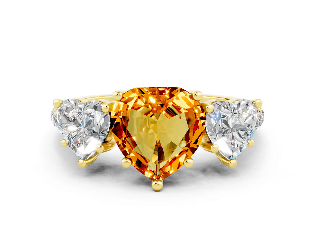 Yellow gold Three-Stone Heart Cut Citrine Ring with Pavé Band and Prong Setting_12