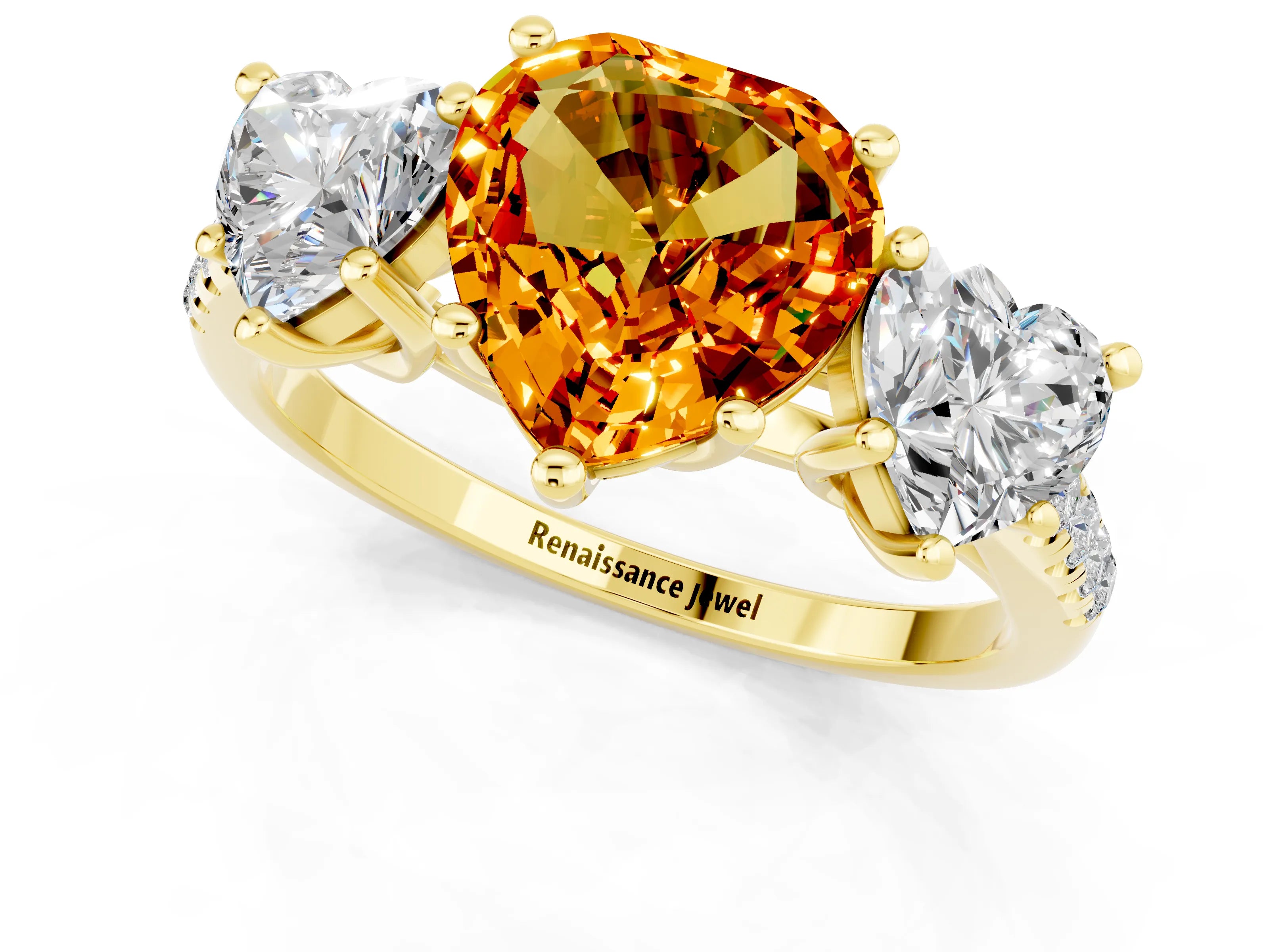 Yellow gold Three-Stone Heart Cut Citrine Ring with Pavé Band and Prong Setting_13