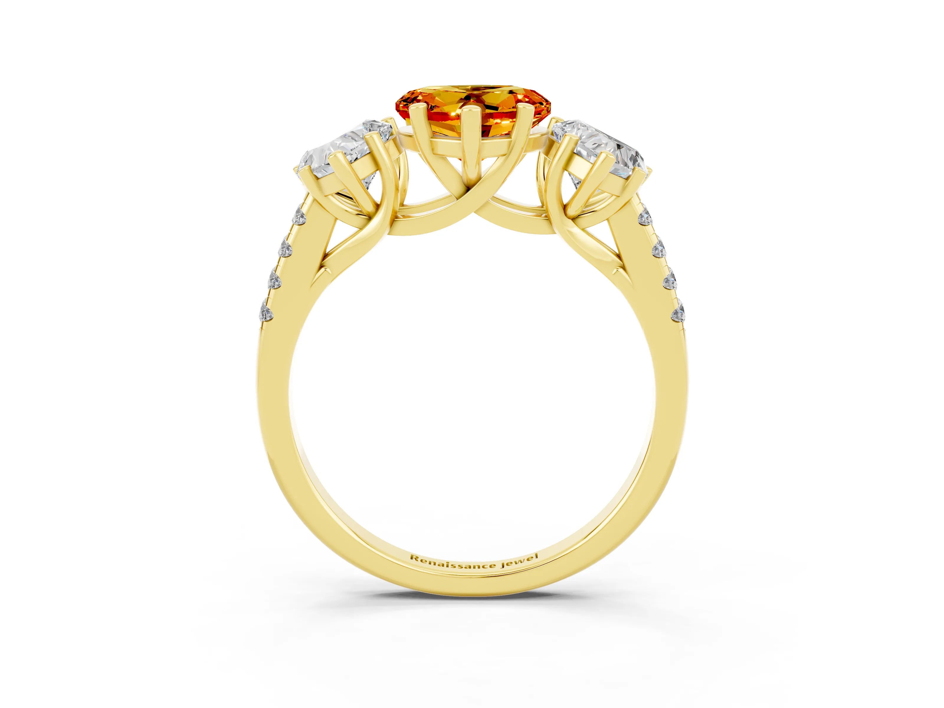 Yellow gold Three-Stone Heart Cut Citrine Ring with Pavé Band and Prong Setting_15