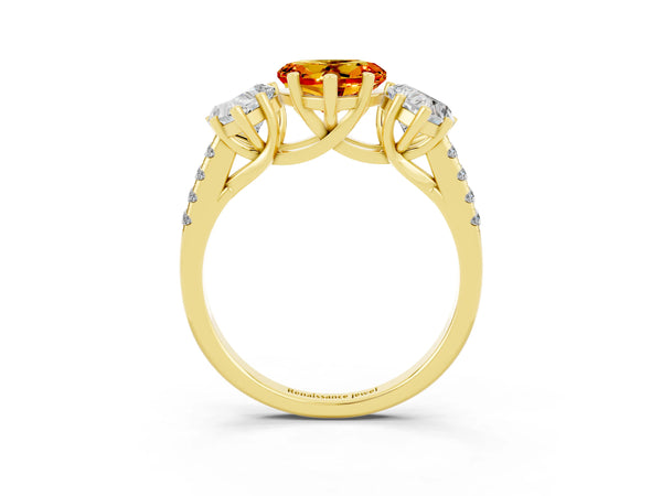 Yellow gold Three-Stone Heart Cut Citrine Ring with Round  Pavé Band and Prong Setting