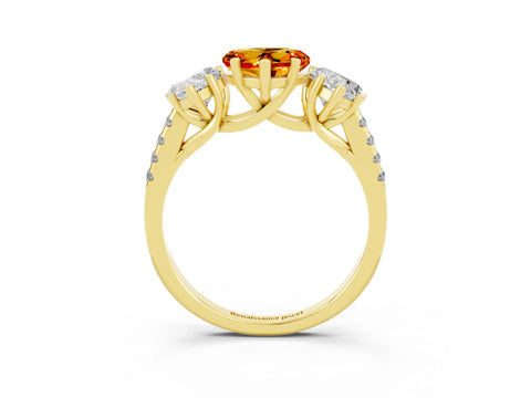 Yellow gold Three-Stone Heart Cut Citrine Ring with Pavé Band and Prong Setting_15